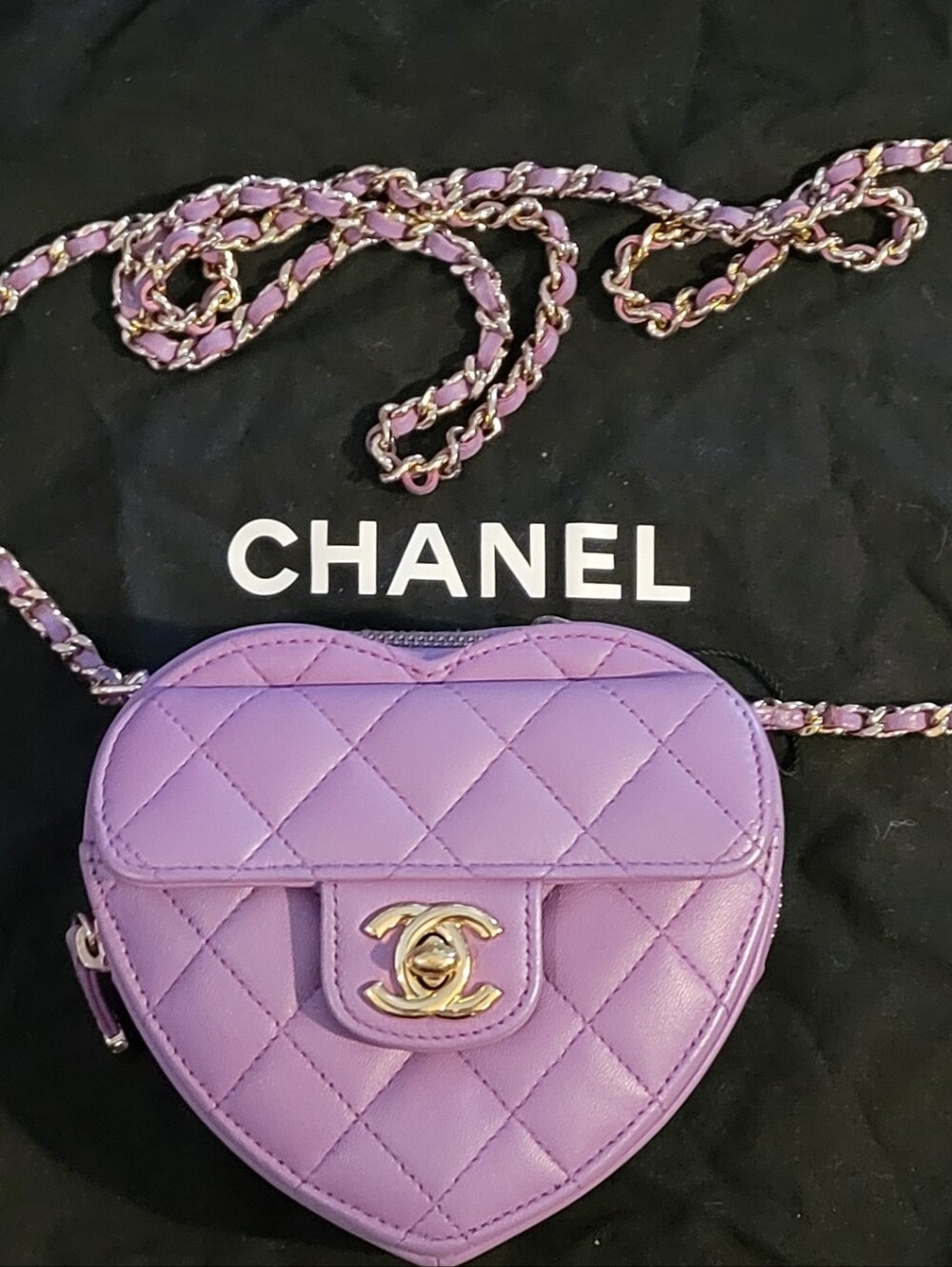 CHANEL CC Heart Diamond Quilt Crossbody Bag Lambskin Gold Hardware Purple COA